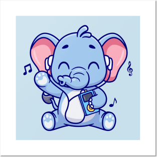 Cute Elephant Listening Music With Earphone Cartoon Posters and Art